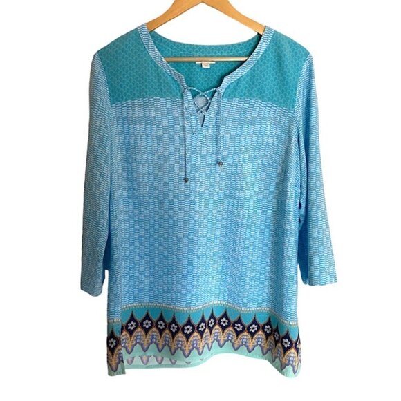 J. Jill Blue Boho Pullover Tassel Tie Top Medium - Picture 1 of 6